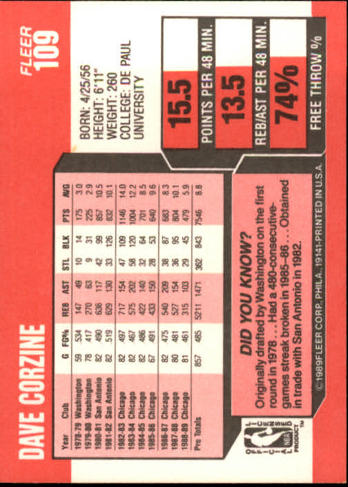 1989-90 Fleer #109 Dave Corzine back image