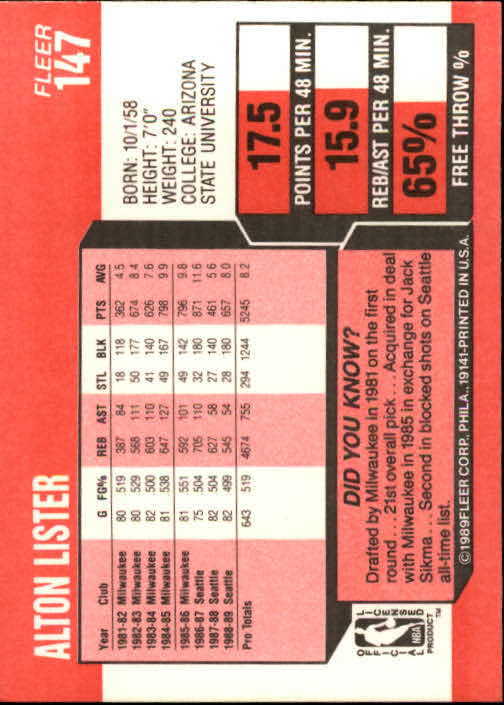 1989-90 Fleer #147 Alton Lister back image