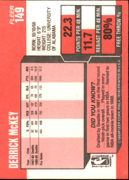 1989-90 Fleer #149 Derrick McKey back image