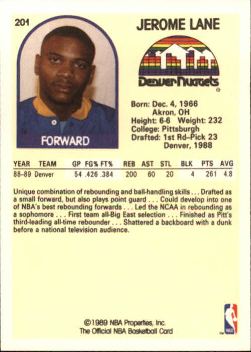 1989-90 Hoops #201 Jerome Lane RC back image