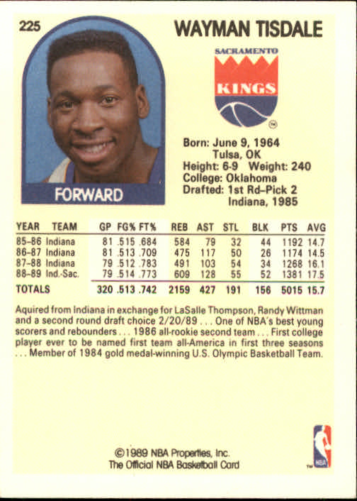 1989-90 Hoops #225 Wayman Tisdale back image