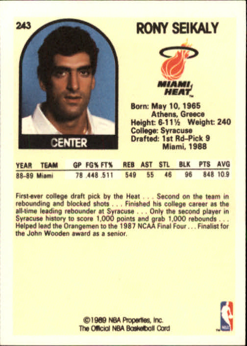 1989-90 Hoops #243 Rony Seikaly RC back image