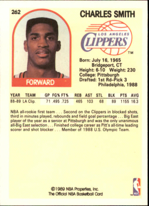 1989-90 Hoops #262 Charles Smith RC back image
