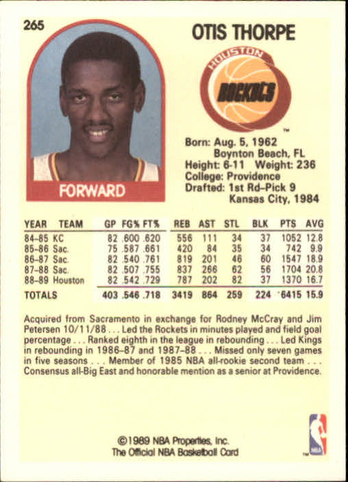 1989-90 Hoops #265 Otis Thorpe back image