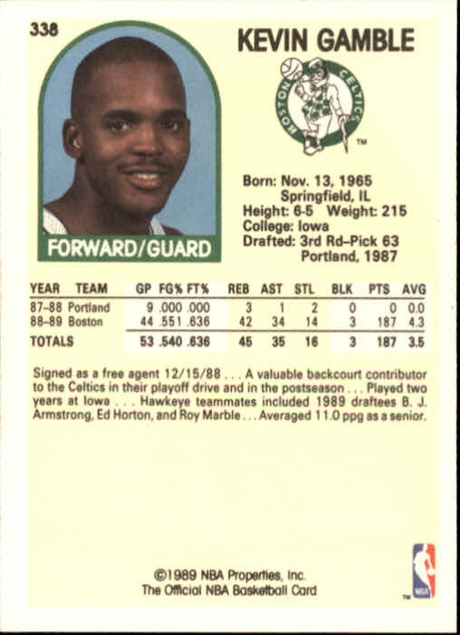 1989-90 Hoops #338 Kevin Gamble RC back image