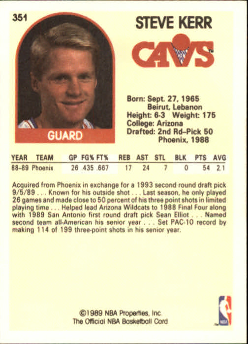 1989-90 Hoops #351 Steve Kerr RC back image