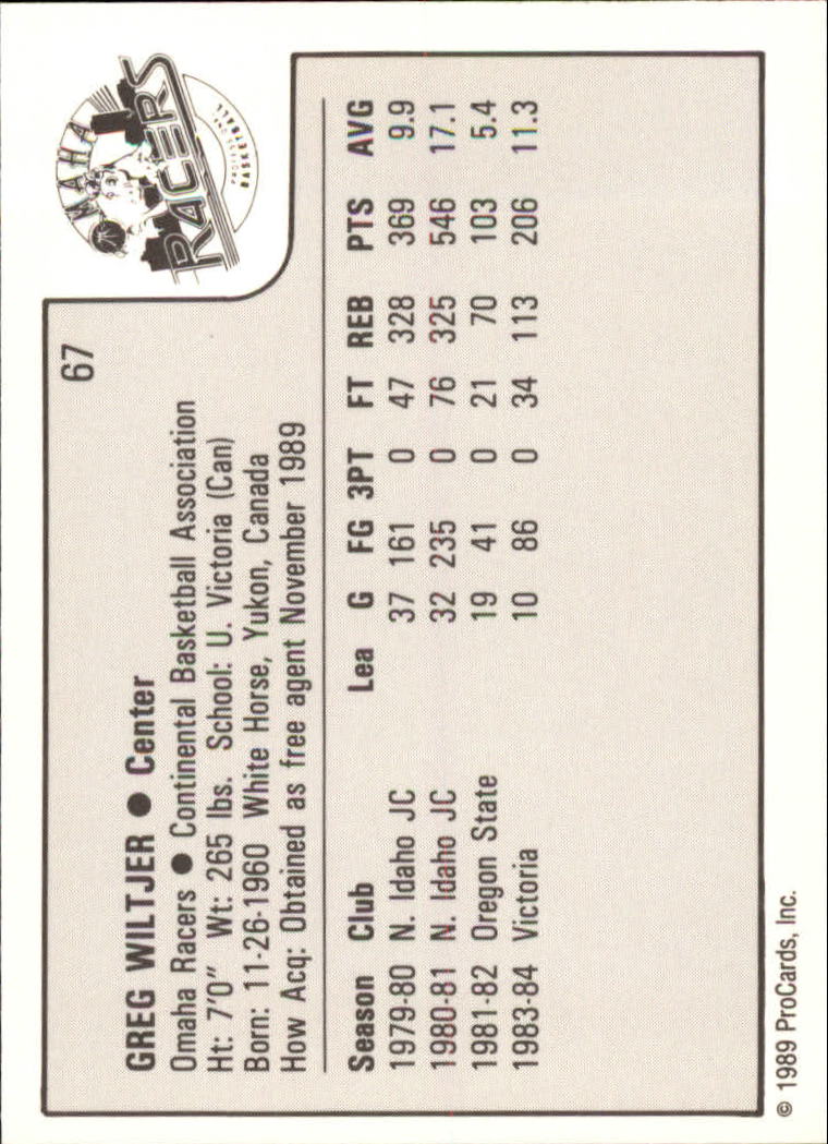 1989-90 ProCards CBA #67 Greg Wiltjer back image