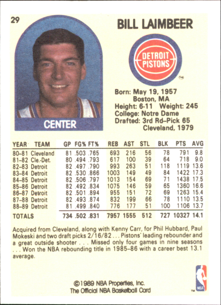 1990 Hoops 100 Superstars #29 Bill Laimbeer back image
