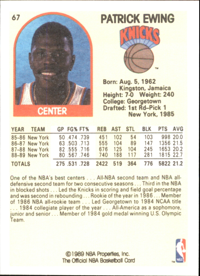 1990 Hoops 100 Superstars #67 Patrick Ewing back image