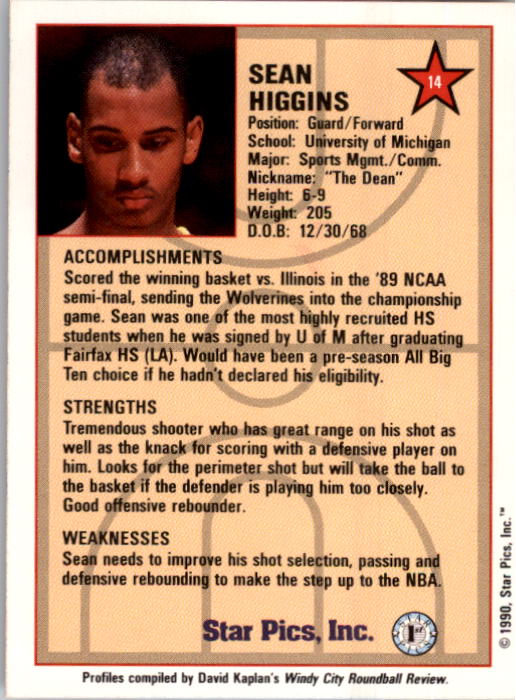 1990 Star Pics #14 Sean Higgins back image