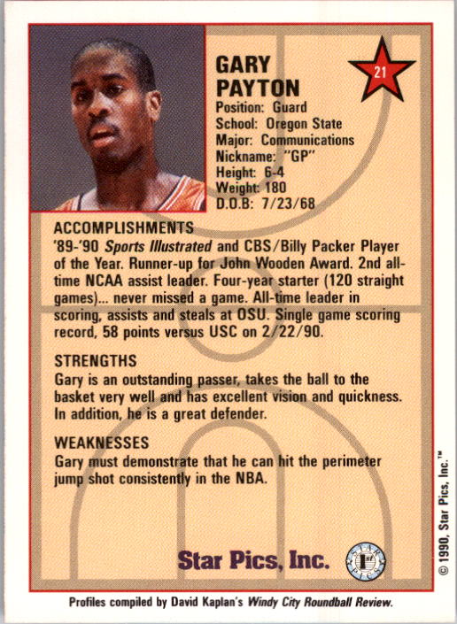 1990 Star Pics #21 Gary Payton back image