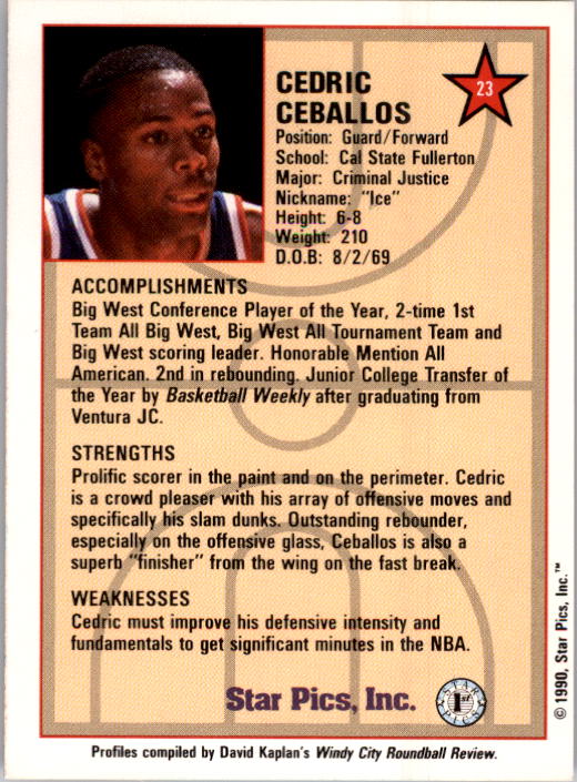1990 Star Pics #23 Cedric Ceballos back image
