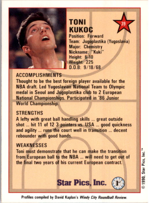 1990 Star Pics #39 Toni Kukoc back image