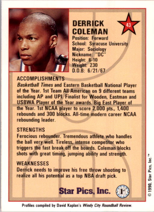 1990 Star Pics #43 Derrick Coleman back image