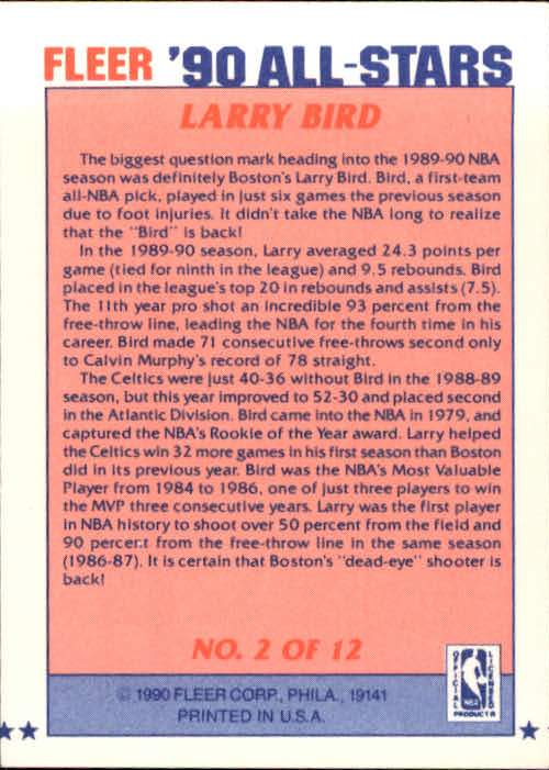 1990-91 Fleer All-Stars #2 Larry Bird back image