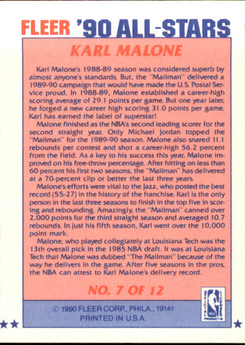 1990-91 Fleer All-Stars #7 Karl Malone back image