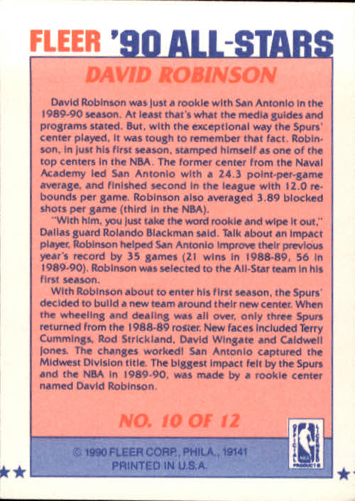 1990-91 Fleer All-Stars #10 David Robinson back image