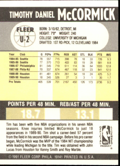 1990-91 Fleer Update #U2 Tim McCormick back image