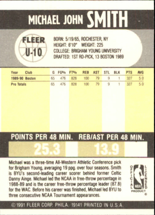 1990-91 Fleer Update #U10 Michael Smith back image