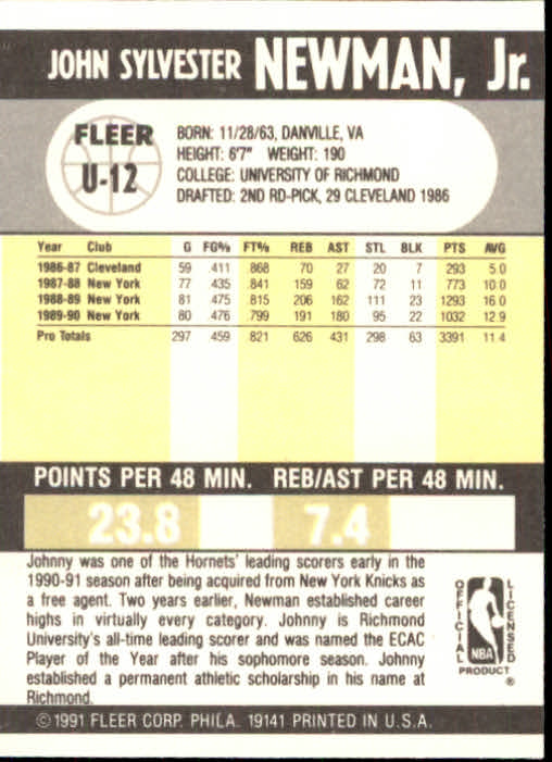 1990-91 Fleer Update #U12 Johnny Newman back image