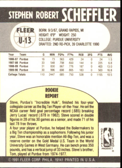 1990-91 Fleer Update #U13 Steve Scheffler RC back image