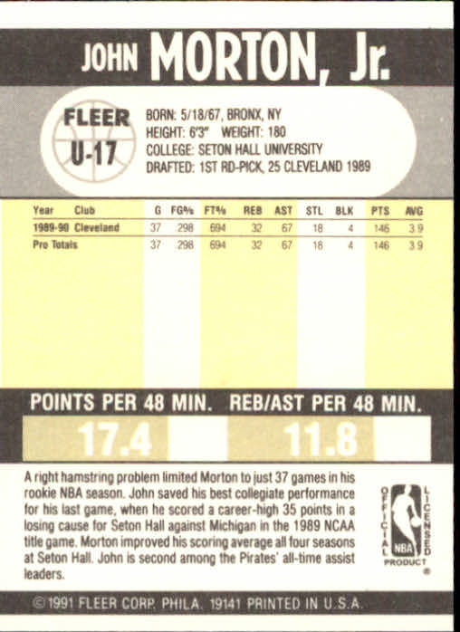 1990-91 Fleer Update #U17 John Morton RC back image
