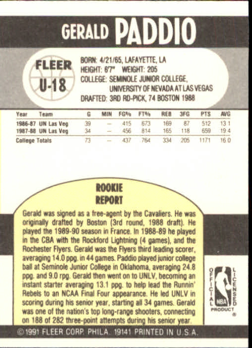 1990-91 Fleer Update #U18 Gerald Paddio RC back image
