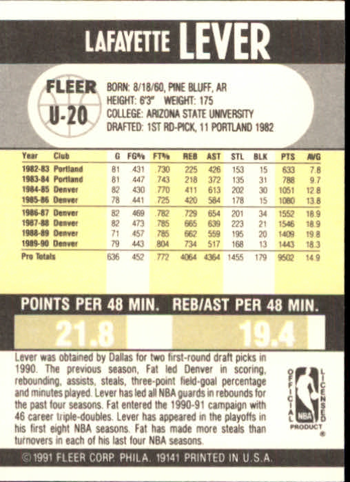 1990-91 Fleer Update #U20 Fat Lever back image