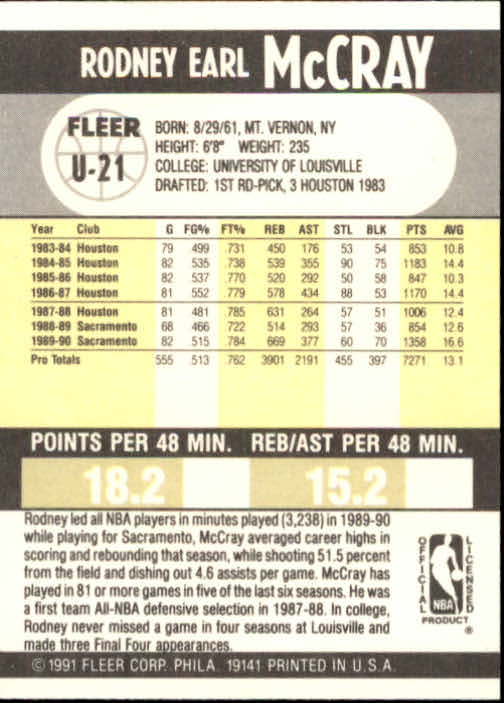 1990-91 Fleer Update #U21 Rodney McCray back image