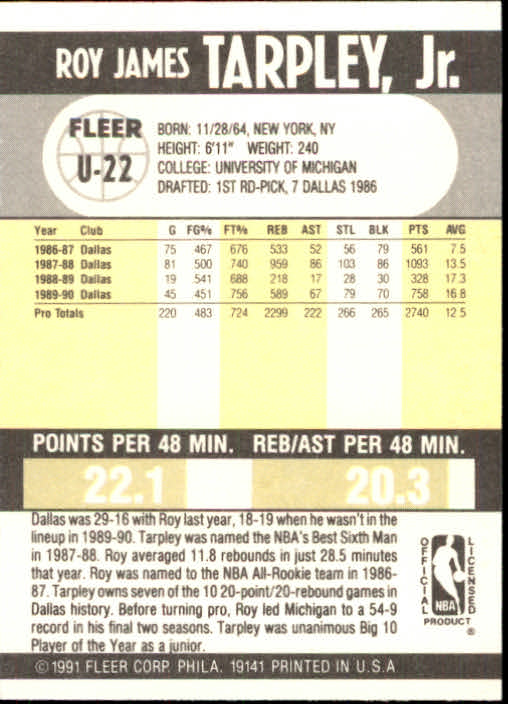 1990-91 Fleer Update #U22 Roy Tarpley back image