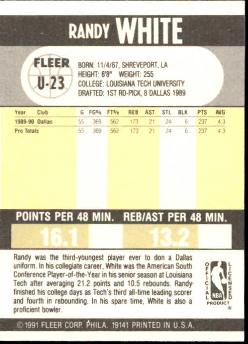 1990-91 Fleer Update #U23 Randy White RC back image