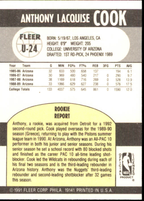 1990-91 Fleer Update #U24 Anthony Cook RC back image