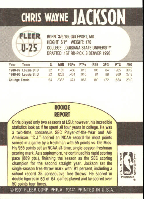 1990-91 Fleer Update #U25 Chris Jackson RC back image