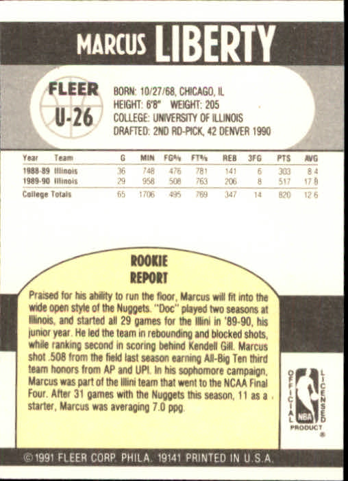 1990-91 Fleer Update #U26 Marcus Liberty RC back image
