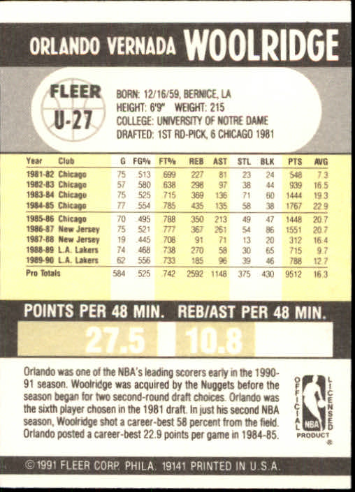 1990-91 Fleer Update #U27 Orlando Woolridge back image