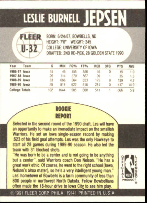 1990-91 Fleer Update #U32 Les Jepsen back image