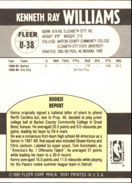1990-91 Fleer Update #U38 Kenny Williams RC back image