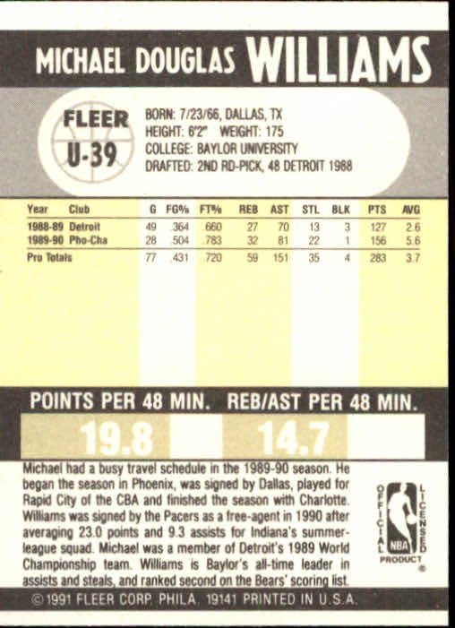 1990-91 Fleer Update #U39 Micheal Williams UER back image