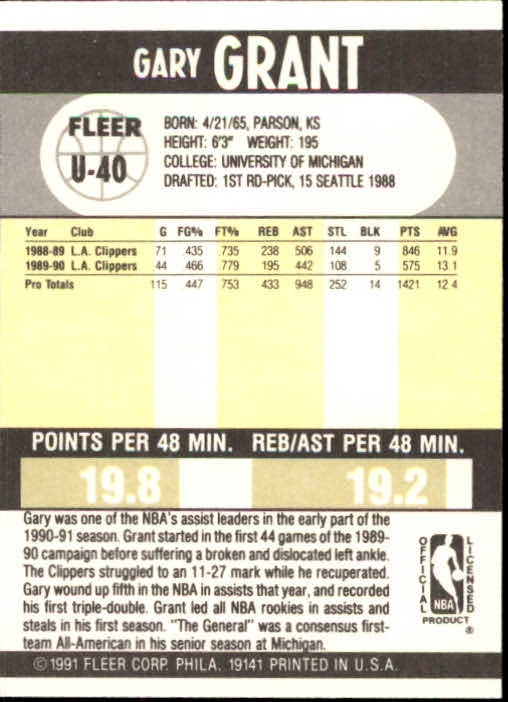 1990-91 Fleer Update #U40 Gary Grant back image