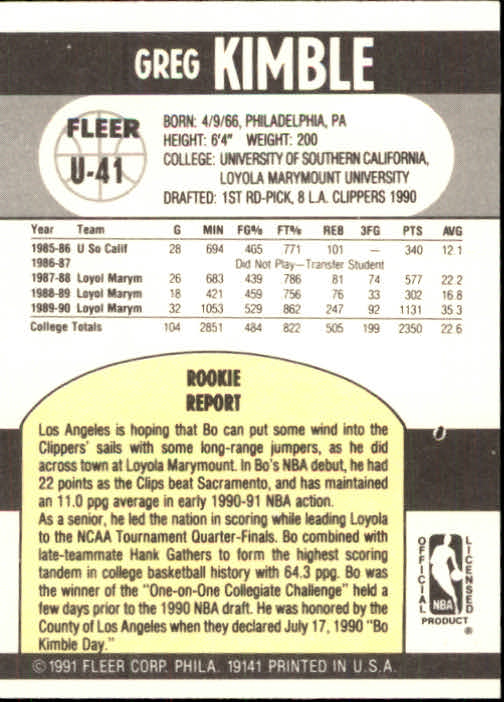 1990-91 Fleer Update #U41 Bo Kimble RC back image
