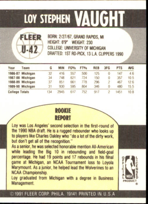 1990-91 Fleer Update #U42 Loy Vaught RC back image