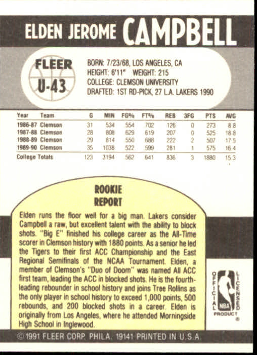 1990-91 Fleer Update #U43 Elden Campbell RC back image