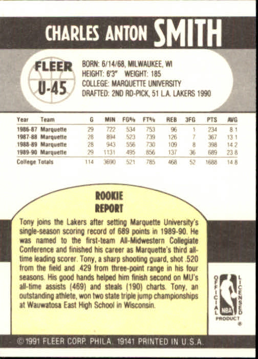 1990-91 Fleer Update #U45 Tony Smith RC back image