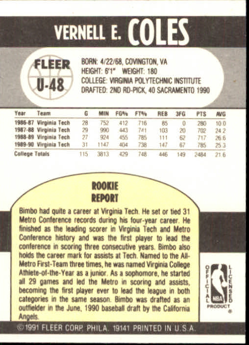 1990-91 Fleer Update #U48 Bimbo Coles RC back image