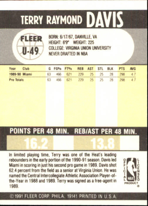 1990-91 Fleer Update #U49 Terry Davis RC back image