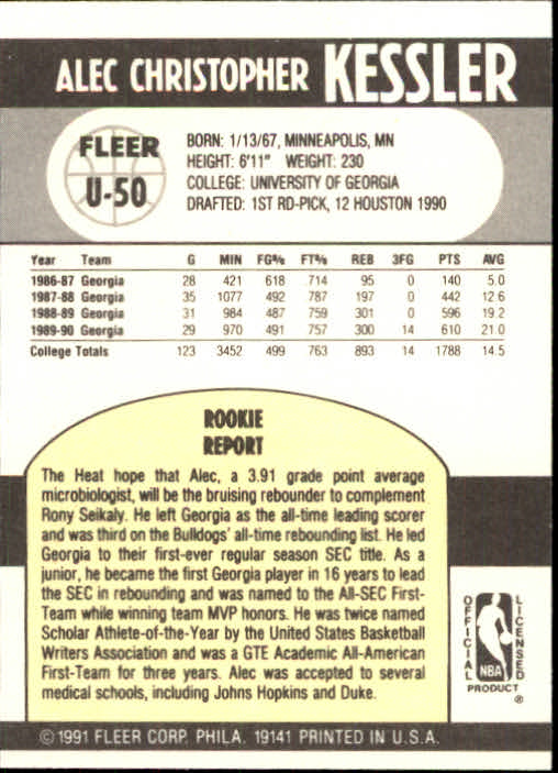 1990-91 Fleer Update #U50 Alec Kessler RC back image