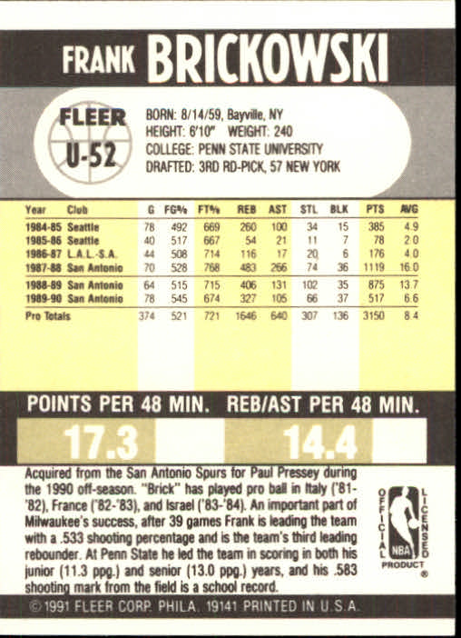 1990-91 Fleer Update #U52 Frank Brickowski back image