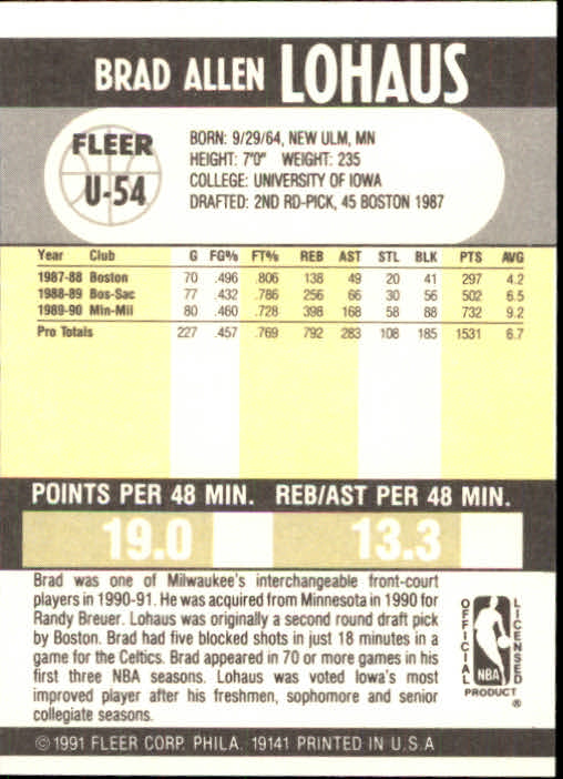 1990-91 Fleer Update #U54 Brad Lohaus back image