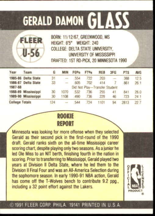 1990-91 Fleer Update #U56 Gerald Glass RC back image