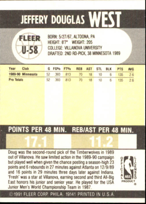 1990-91 Fleer Update #U58 Doug West RC back image